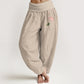 Pink Lotus Flower Lotus Leaves Pattern Women's Elastic Waist Harem Pure Cotton Pants