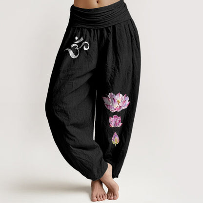 Blooming Lotus Om Symbol Pattern Women's Elastic Waist Harem Pure Cotton Pants