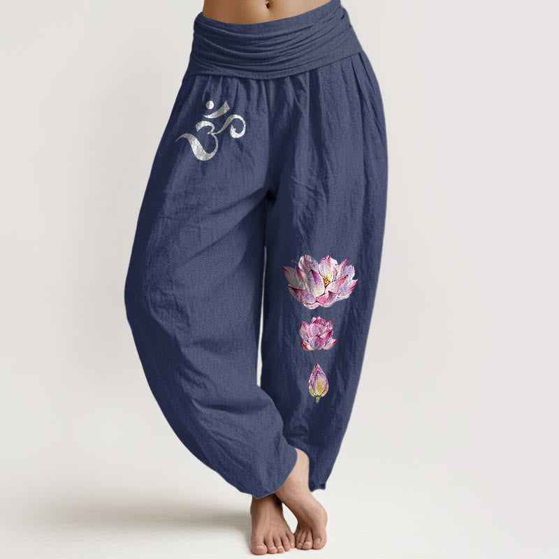 Blooming Lotus Om Symbol Pattern Women's Elastic Waist Harem Pure Cotton Pants