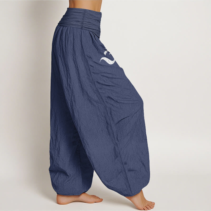 Blooming Lotus Om Symbol Pattern Women's Elastic Waist Harem Pure Cotton Pants