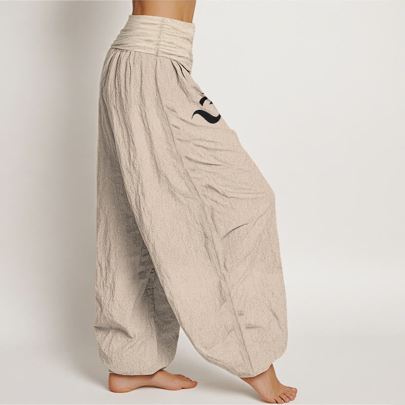 Blooming Lotus Om Symbol Pattern Women's Elastic Waist Harem Pure Cotton Pants
