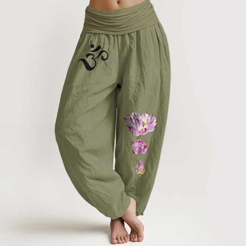 Blooming Lotus Om Symbol Pattern Women's Elastic Waist Harem Pure Cotton Pants
