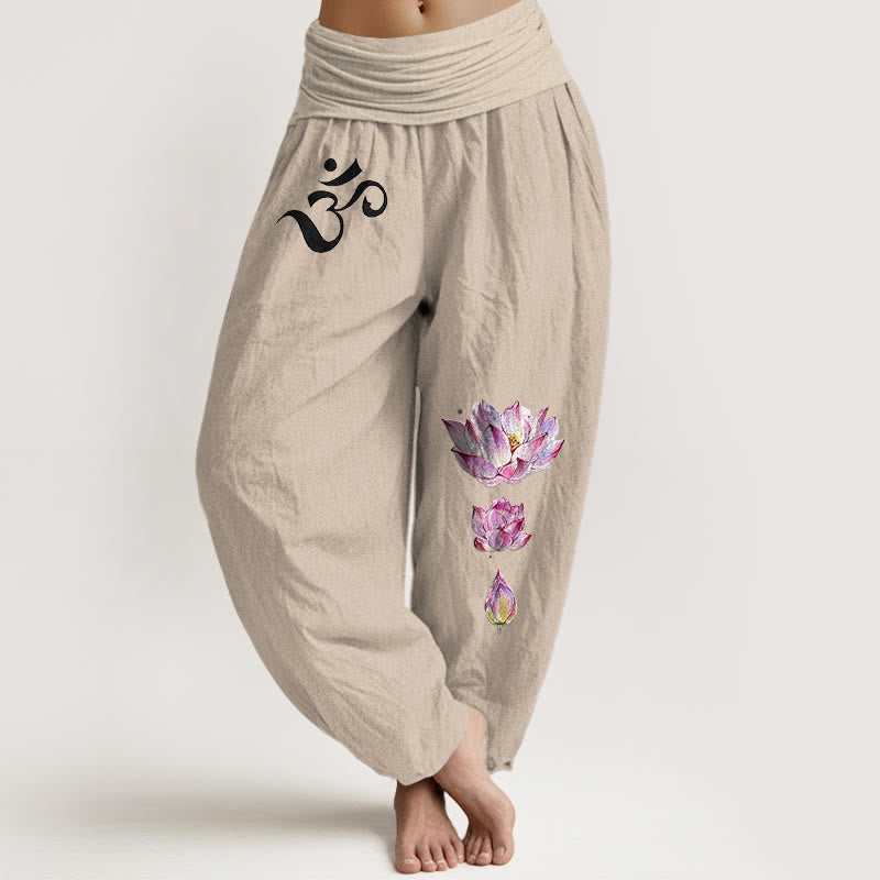 Blooming Lotus Om Symbol Pattern Women's Elastic Waist Harem Pure Cotton Pants