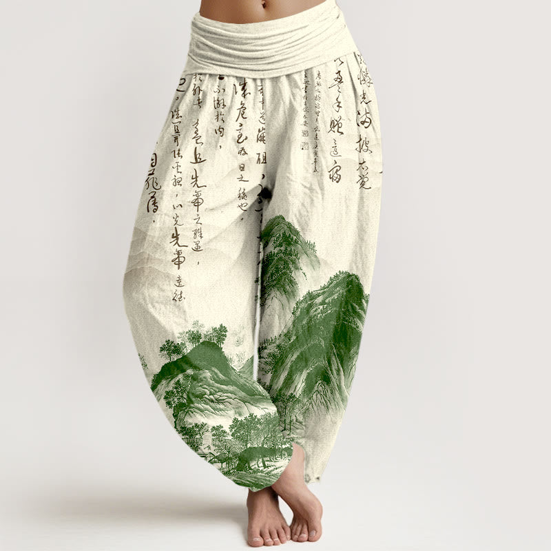 Pure Cotton Chinese Calligraphy Landscape Painting Women's Elastic Waist Harem Pants