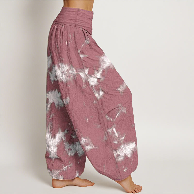 Pure Cotton White Lines Spots Tie-Dye Pattern Women's Elastic Waist Harem Pants