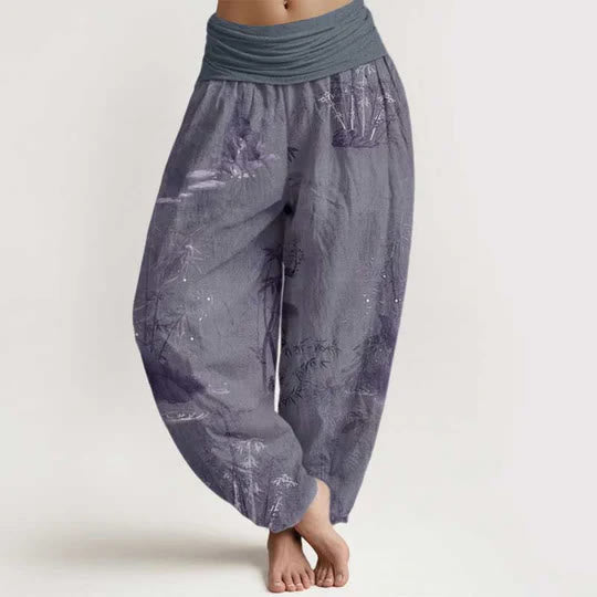 Cotton Casual Bamboo Rock Ink Painting Women's Elastic Waist Harem Pants