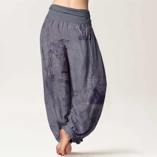 Cotton Casual Bamboo Rock Ink Painting Women's Elastic Waist Harem Pants