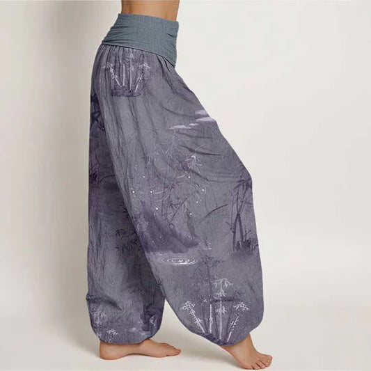 Cotton Casual Bamboo Rock Ink Painting Women's Elastic Waist Harem Pants