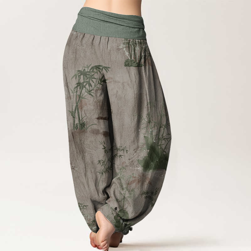 Cotton Casual Bamboo Rock Ink Painting Women's Elastic Waist Harem Pants