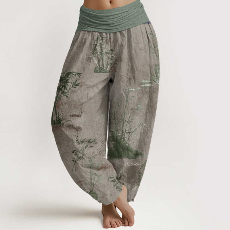 Cotton Casual Bamboo Rock Ink Painting Women's Elastic Waist Harem Pants