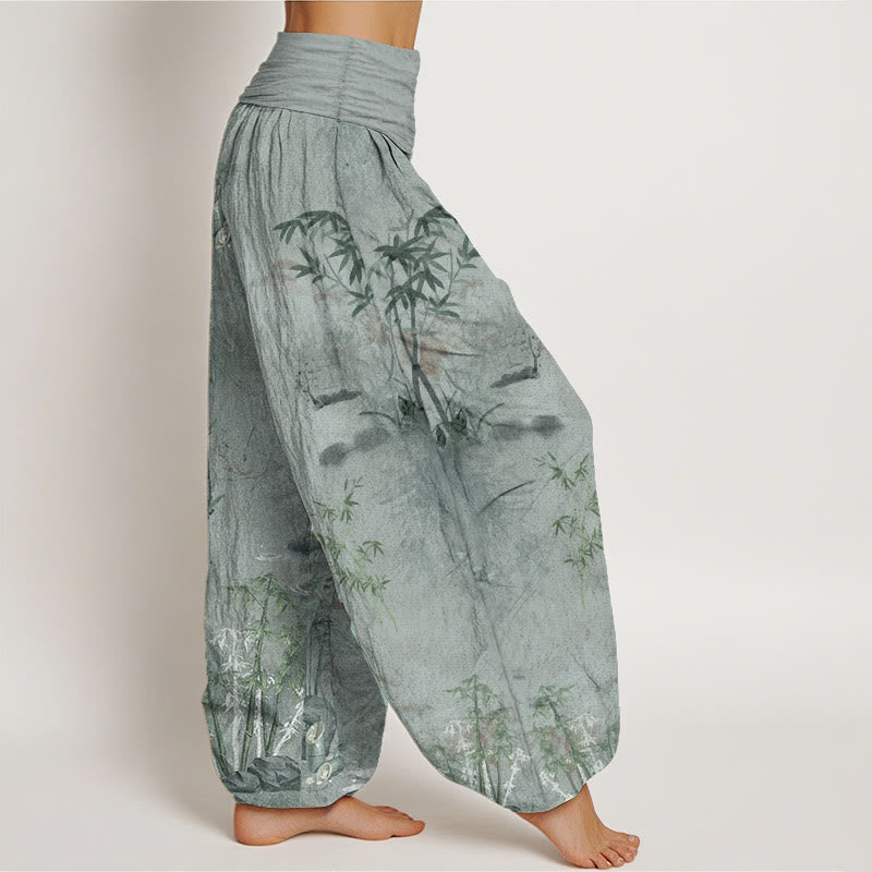 Cotton Casual Bamboo Rock Ink Painting Women's Elastic Waist Harem Pants