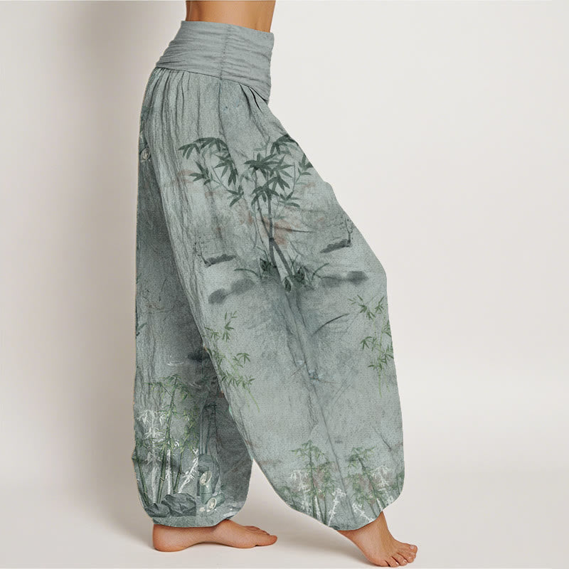 Cotton Casual Bamboo Rock Ink Painting Women's Elastic Waist Harem Pants