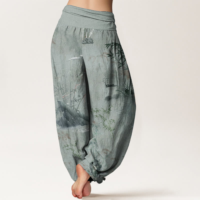Cotton Casual Bamboo Rock Ink Painting Women's Elastic Waist Harem Pants
