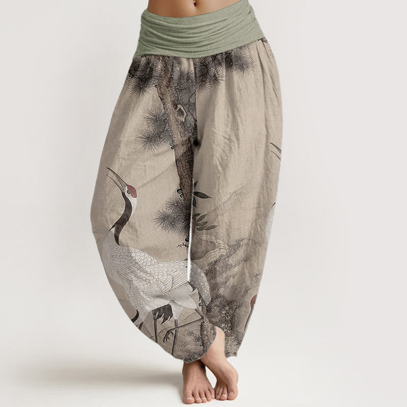 Cotton Casual Red-crowned Crane Pine Tree Mountain Women's Elastic Waist Harem Pants