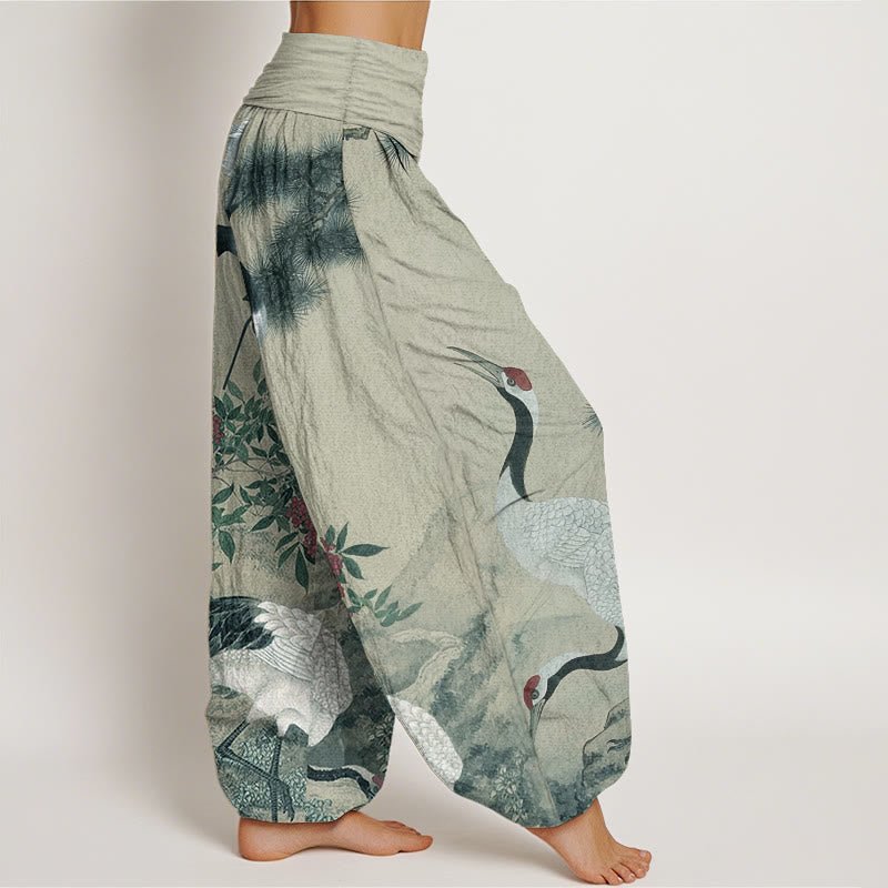 Cotton Casual Red-crowned Crane Pine Tree Mountain Women's Elastic Waist Harem Pants