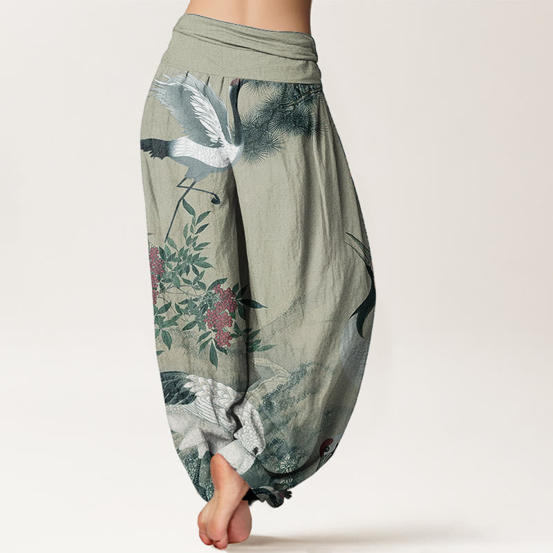 Cotton Casual Red-crowned Crane Pine Tree Mountain Women's Elastic Waist Harem Pants