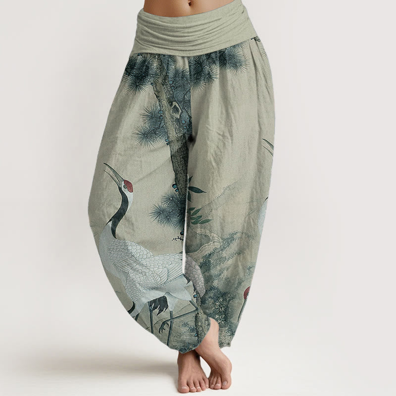 Cotton Casual Red-crowned Crane Pine Tree Mountain Women's Elastic Waist Harem Pants