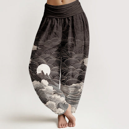 Cotton Casual Wave Moon Mountain Pattern Women's Elastic Waist Harem Pants