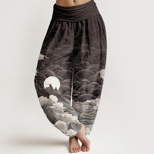 Cotton Casual Wave Moon Mountain Pattern Women's Elastic Waist Harem Pants