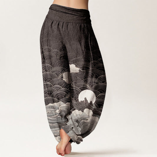 Cotton Casual Wave Moon Mountain Pattern Women's Elastic Waist Harem Pants