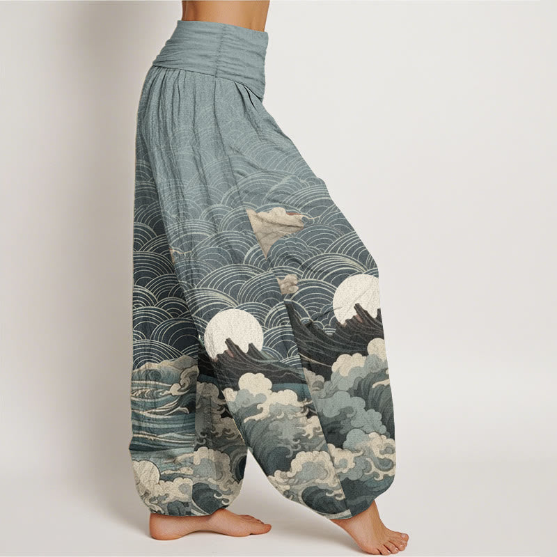 Cotton Casual Wave Moon Mountain Pattern Women's Elastic Waist Harem Pants