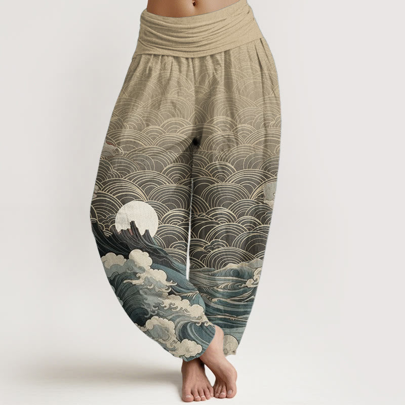 Cotton Casual Wave Moon Mountain Pattern Women's Elastic Waist Harem Pants