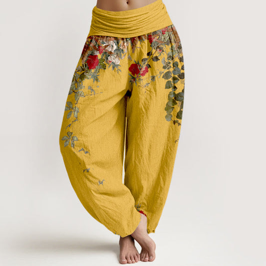 Pure Cotton Colourful Flower Leaves Patterns Women's Elastic Waist Harem Pants
