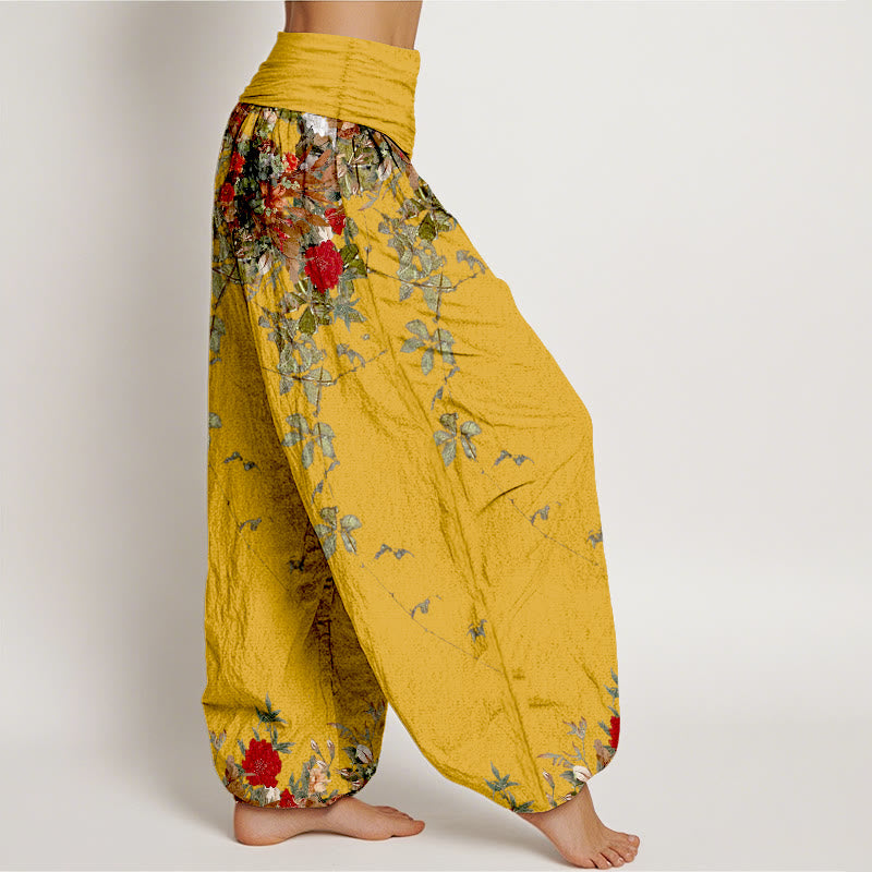 Pure Cotton Colourful Flower Leaves Patterns Women's Elastic Waist Harem Pants