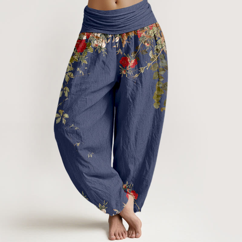 Pure Cotton Colourful Flower Leaves Patterns Women's Elastic Waist Harem Pants