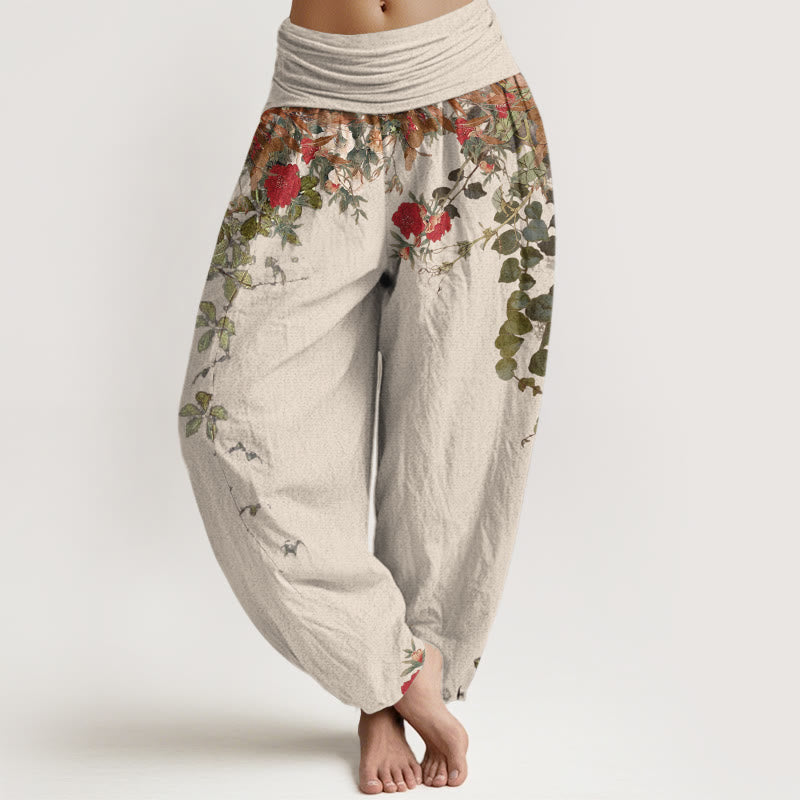 Pure Cotton Colourful Flower Leaves Patterns Women's Elastic Waist Harem Pants