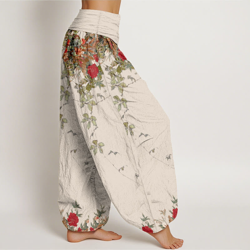 Pure Cotton Colourful Flower Leaves Patterns Women's Elastic Waist Harem Pants