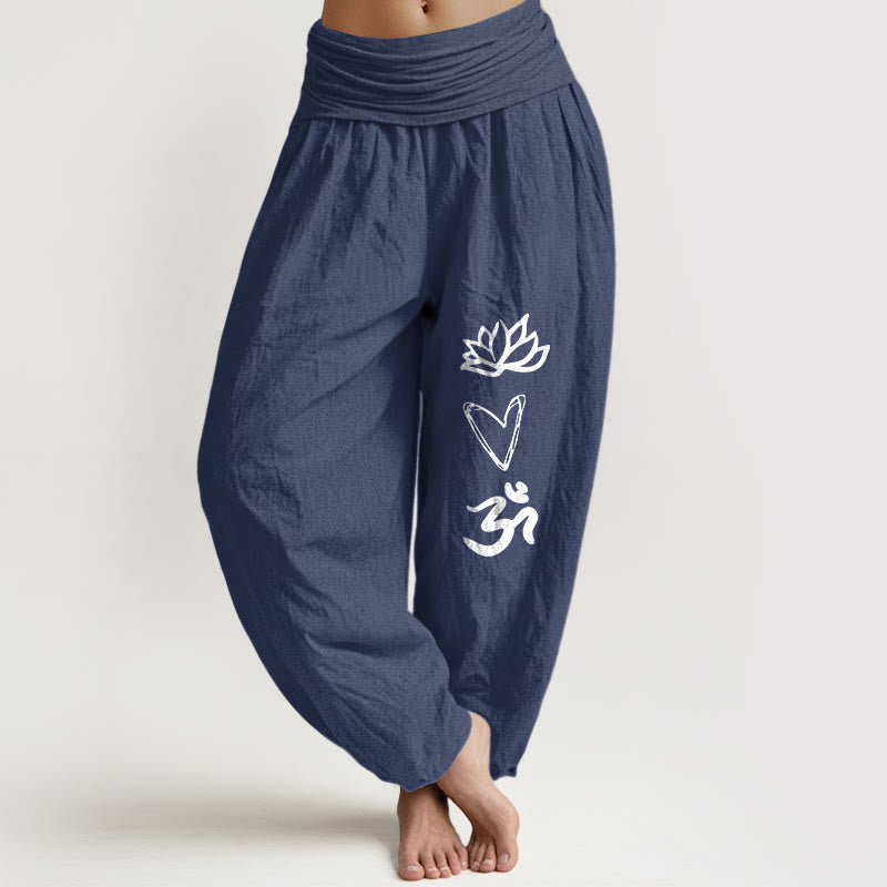 Pure Cotton Lotus Heart Shape Om Symbol Pattern Women's Elastic Waist Harem Pants