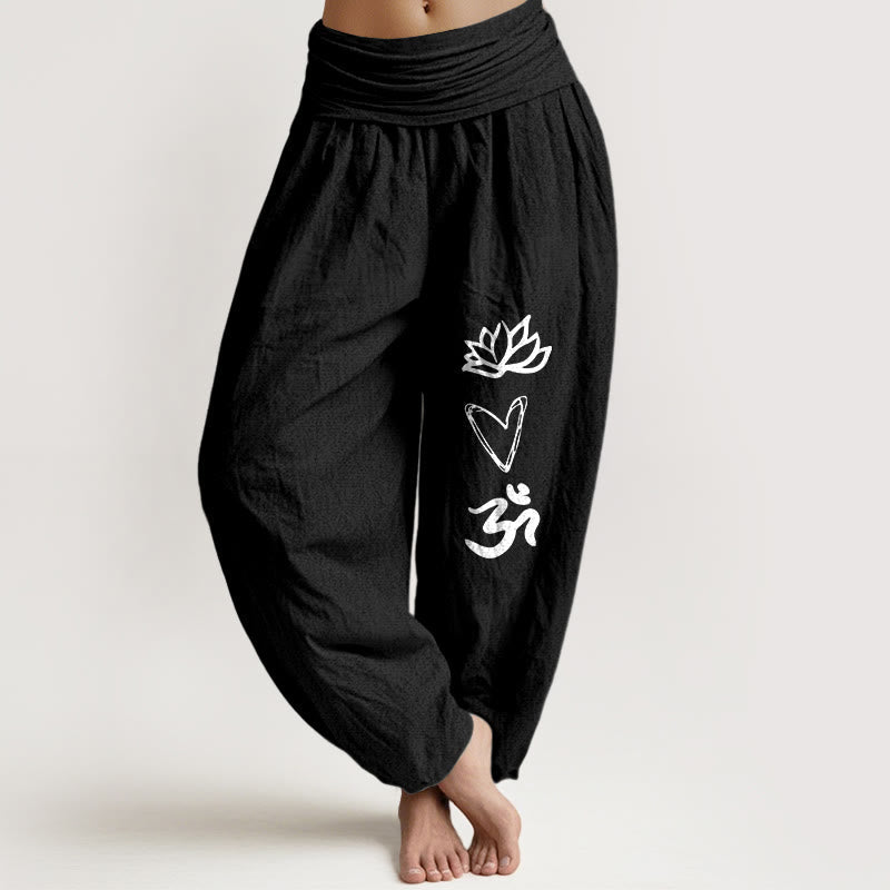 Pure Cotton Lotus Heart Shape Om Symbol Pattern Women's Elastic Waist Harem Pants