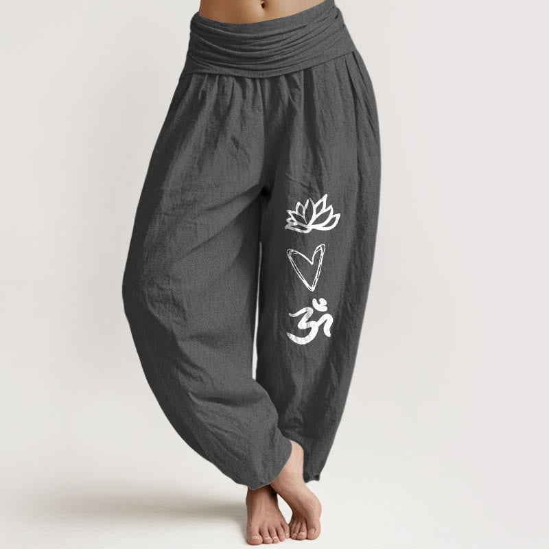 Pure Cotton Lotus Heart Shape Om Symbol Pattern Women's Elastic Waist Harem Pants