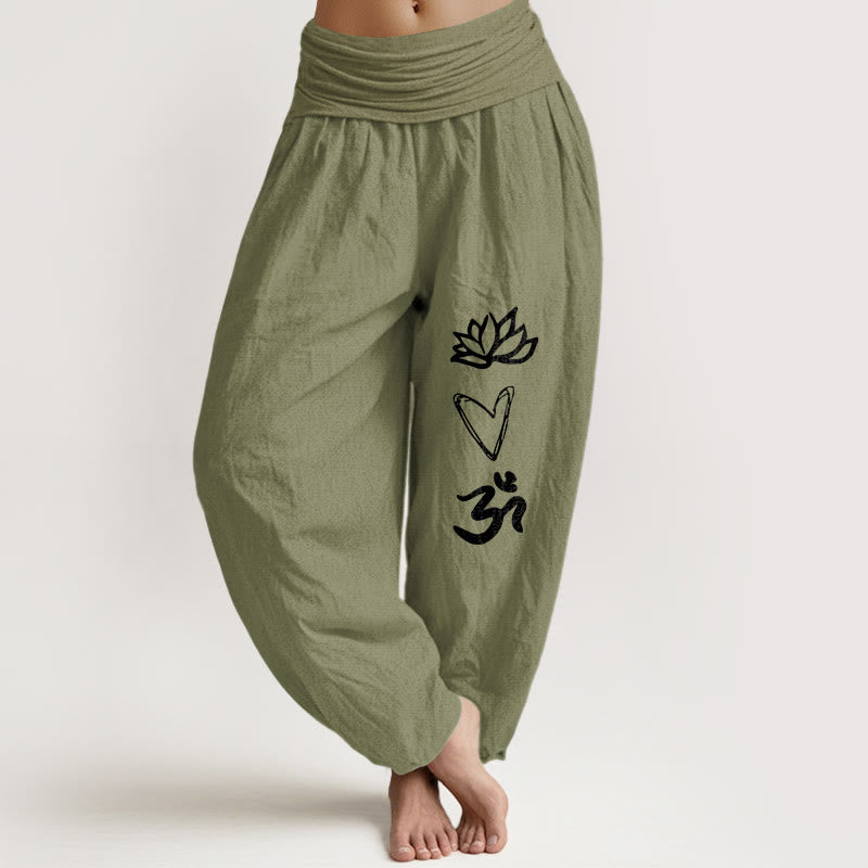 Pure Cotton Lotus Heart Shape Om Symbol Pattern Women's Elastic Waist Harem Pants