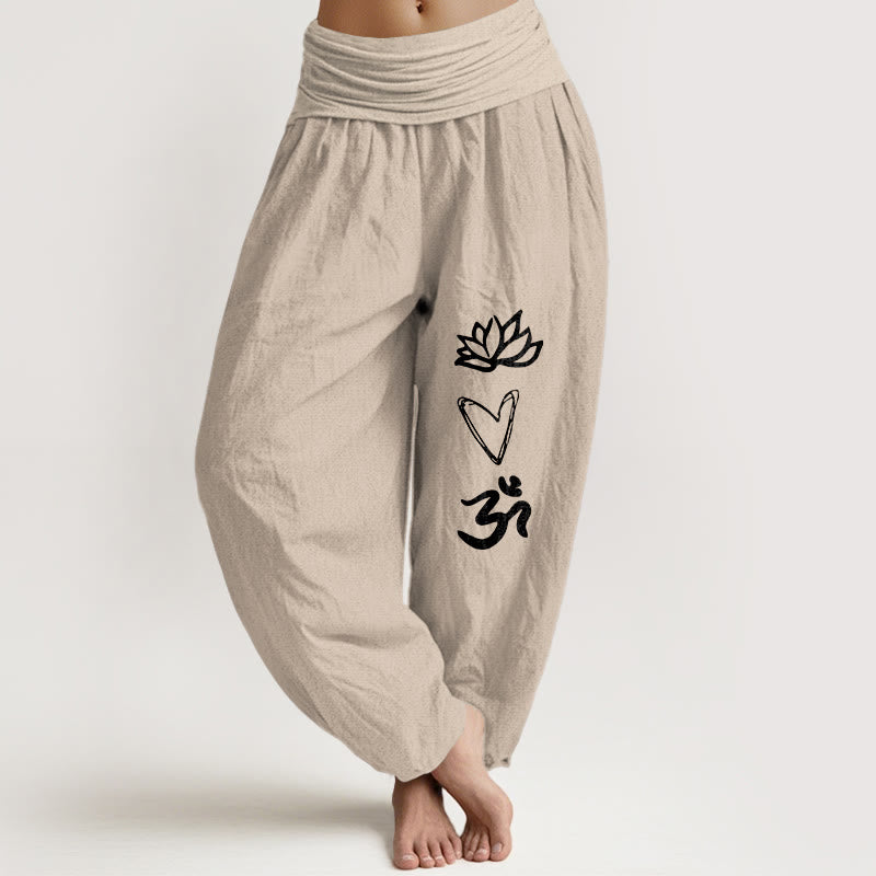 Pure Cotton Lotus Heart Shape Om Symbol Pattern Women's Elastic Waist Harem Pants