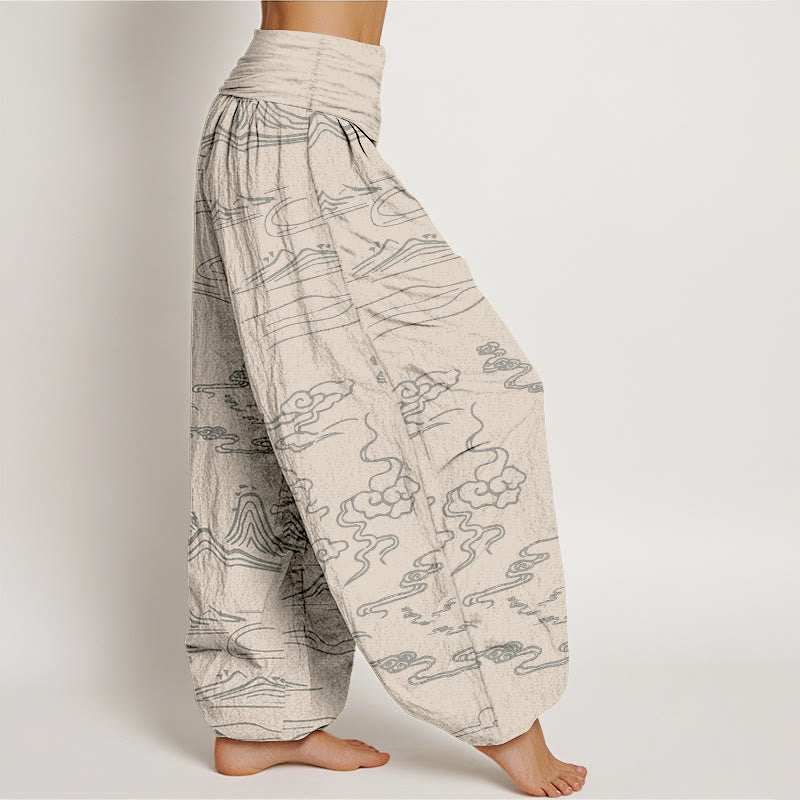 Cotton Mountain Moon Auspicious Clouds Pattern Women's Elastic Waist Harem Pants