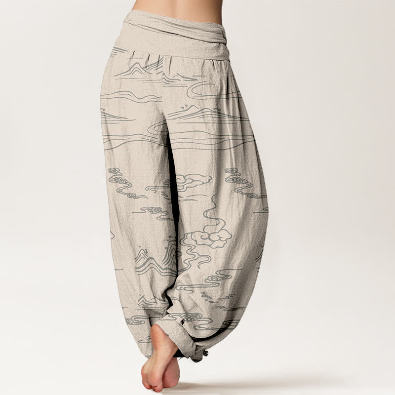 Cotton Mountain Moon Auspicious Clouds Pattern Women's Elastic Waist Harem Pants