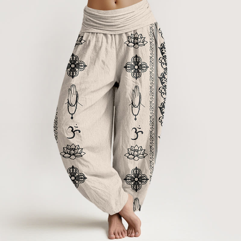 Pure Cotton Lotus Flowers Double Dorje Vajra Namaste Om Design Women's Elastic Waist Harem Pants