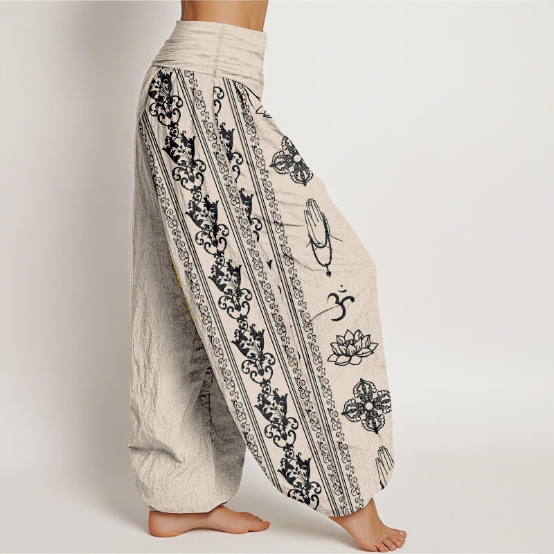 Cotton Lotus Flowers Double Dorje Vajra Namaste Om Design Women's Elastic Waist Harem Pants