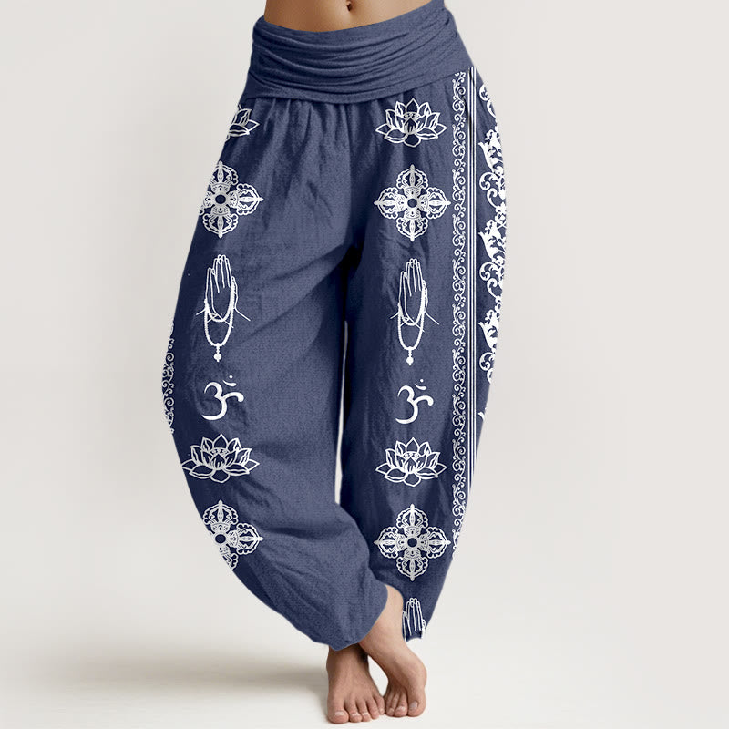 Pure Cotton Lotus Flowers Double Dorje Vajra Namaste Om Design Women's Elastic Waist Harem Pants