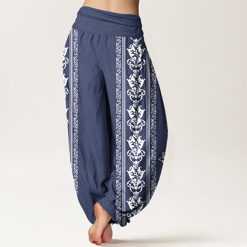Pure Cotton Lotus Flowers Double Dorje Vajra Namaste Om Design Women's Elastic Waist Harem Pants
