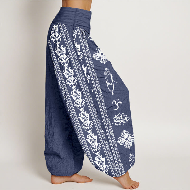 Pure Cotton Lotus Flowers Double Dorje Vajra Namaste Om Design Women's Elastic Waist Harem Pants