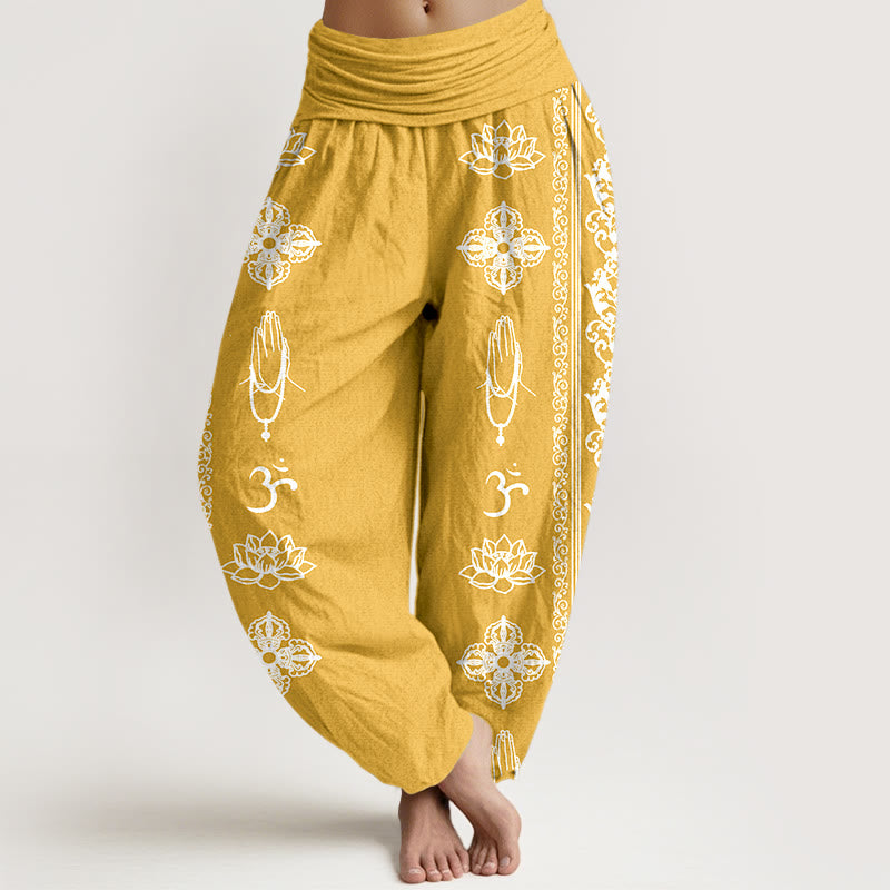 Pure Cotton Lotus Flowers Double Dorje Vajra Namaste Om Design Women's Elastic Waist Harem Pants