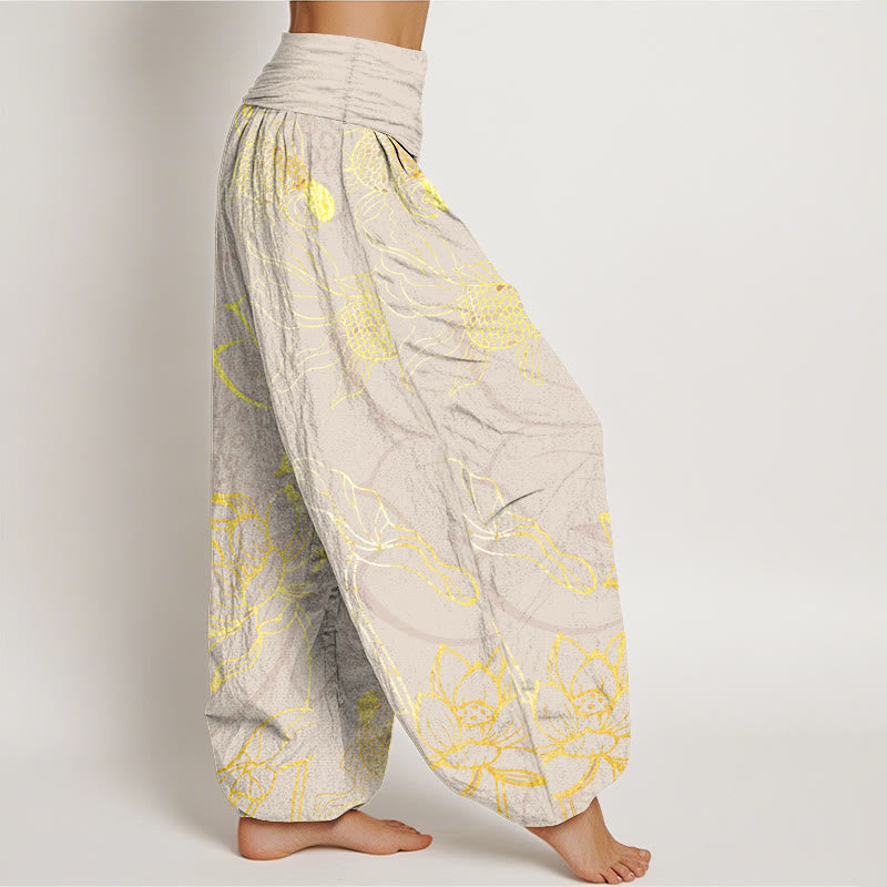 Cotton Lotus Leaf Koi Fish Women's Elastic Waist Harem Pants