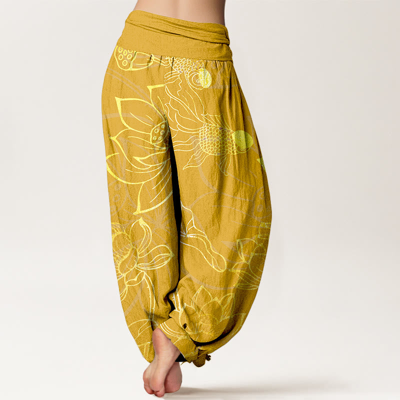 Cotton Lotus Leaf Koi Fish Women's Elastic Waist Harem Pants