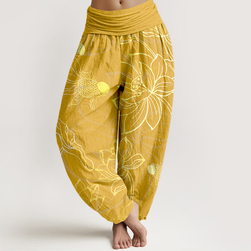 Cotton Lotus Leaf Koi Fish Women's Elastic Waist Harem Pants