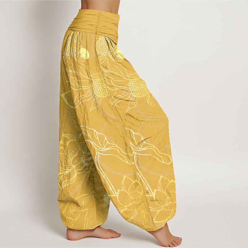 Cotton Lotus Leaf Koi Fish Women's Elastic Waist Harem Pants