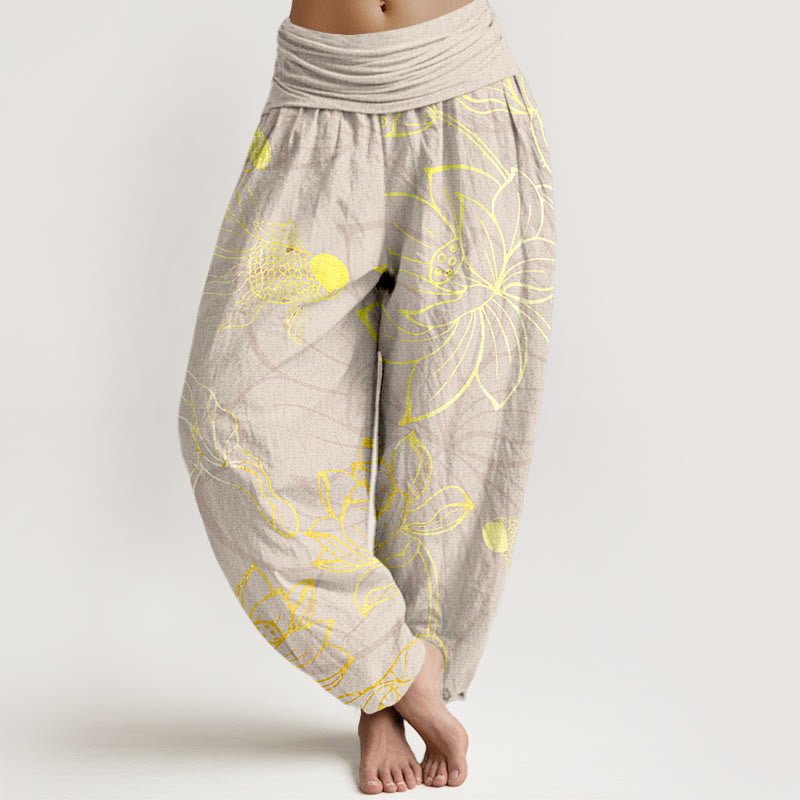 Pure Cotton Lotus Leaf Koi Fish Women's Elastic Waist Harem Pants
