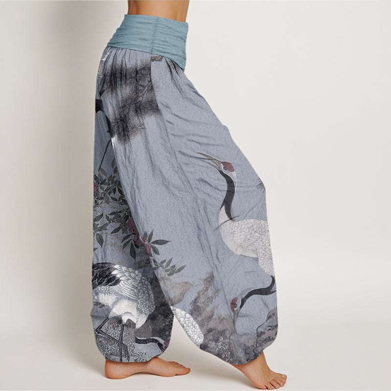 Cotton Casual Red-crowned Crane Pine Tree Mountain Women's Elastic Waist Harem Pants